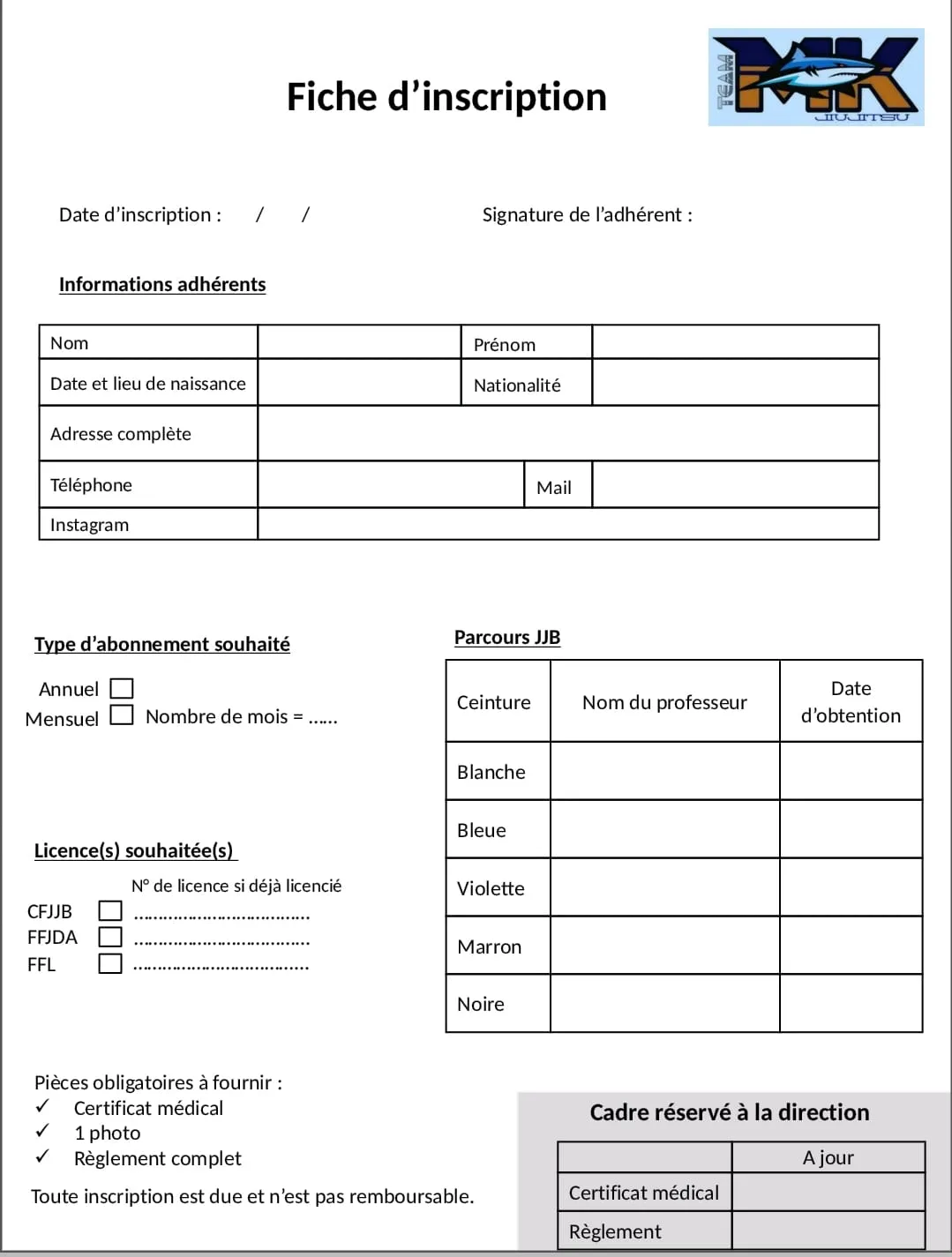 Aperçu de la fiche d’inscription de la MKTeam